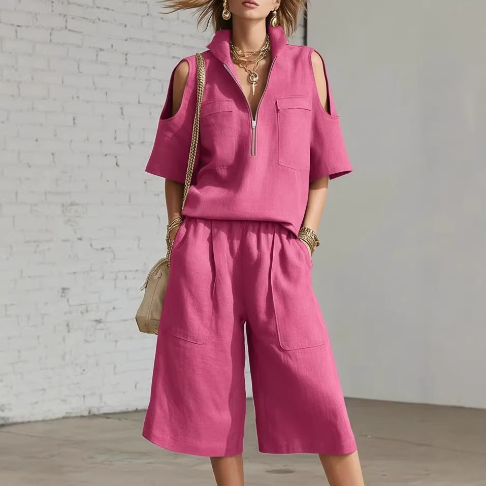 Women's Casual Short-Sleeve Shirt & Loose Shorts Two-Piece Set