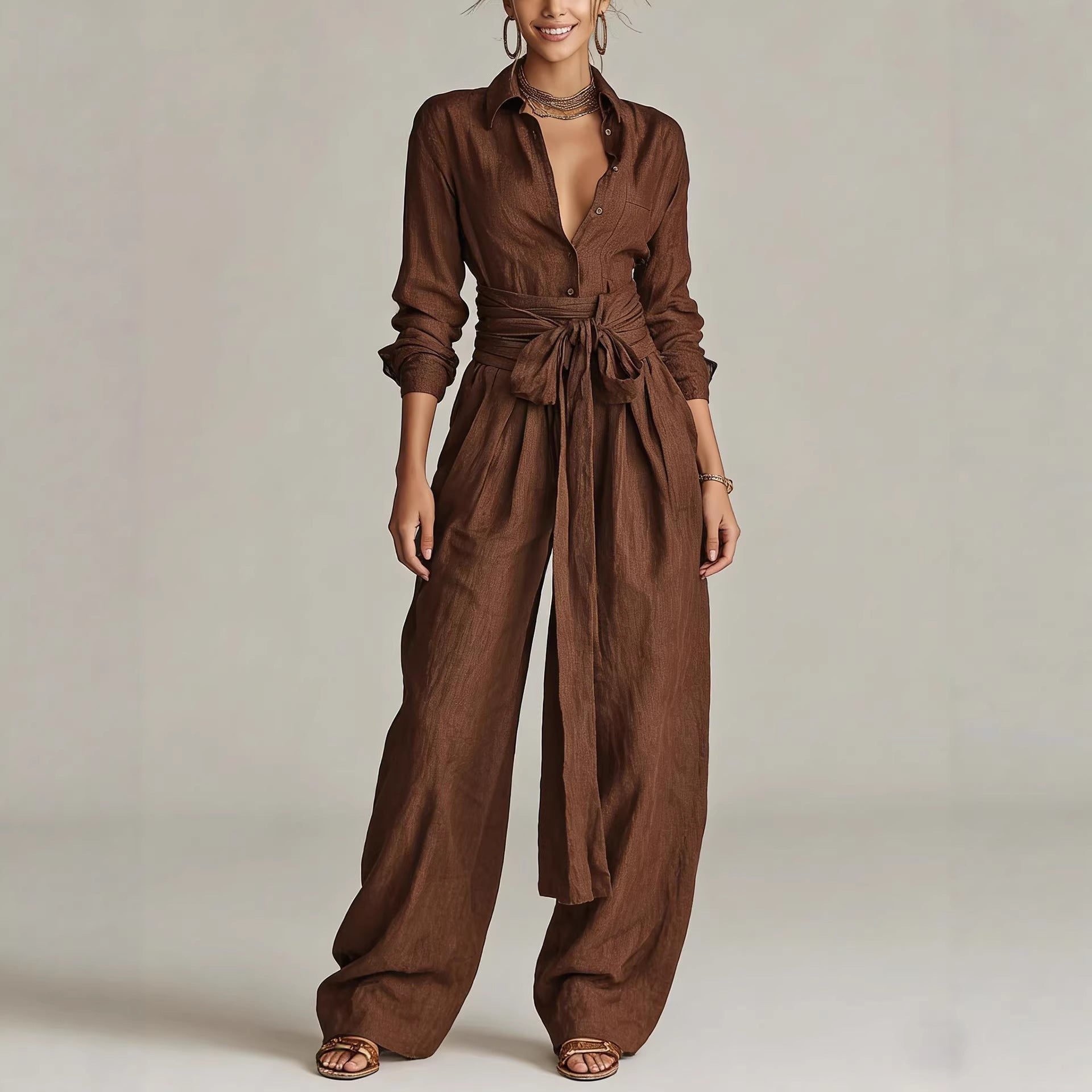 Women's Casual Long Sleeve Button-Up Shirt and Pants Set