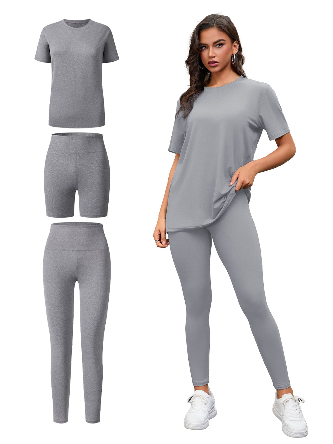 Women's Three Piece Set, Round Neck Short Sleeved Top And Shorts And Pants Set, Sports And Casual Clothing See size chart under “more details”