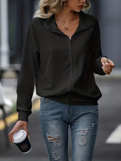 Women's Simple White Zip Up Collared Neck Raglan Sleeve Jacket