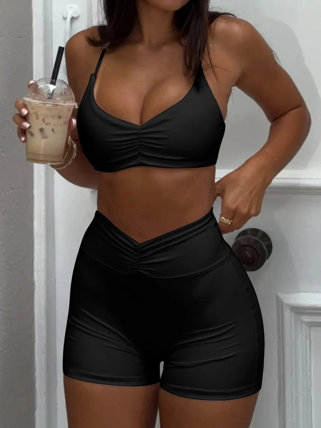 Women's Ruched Sports Bra and High-Waisted Shorts Active Set