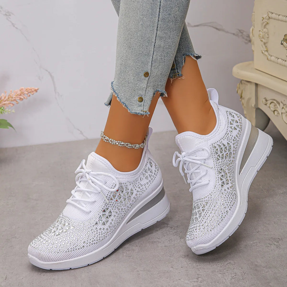 Women's Breathable Mesh Rhinestone Wedge Athletic Sneakers