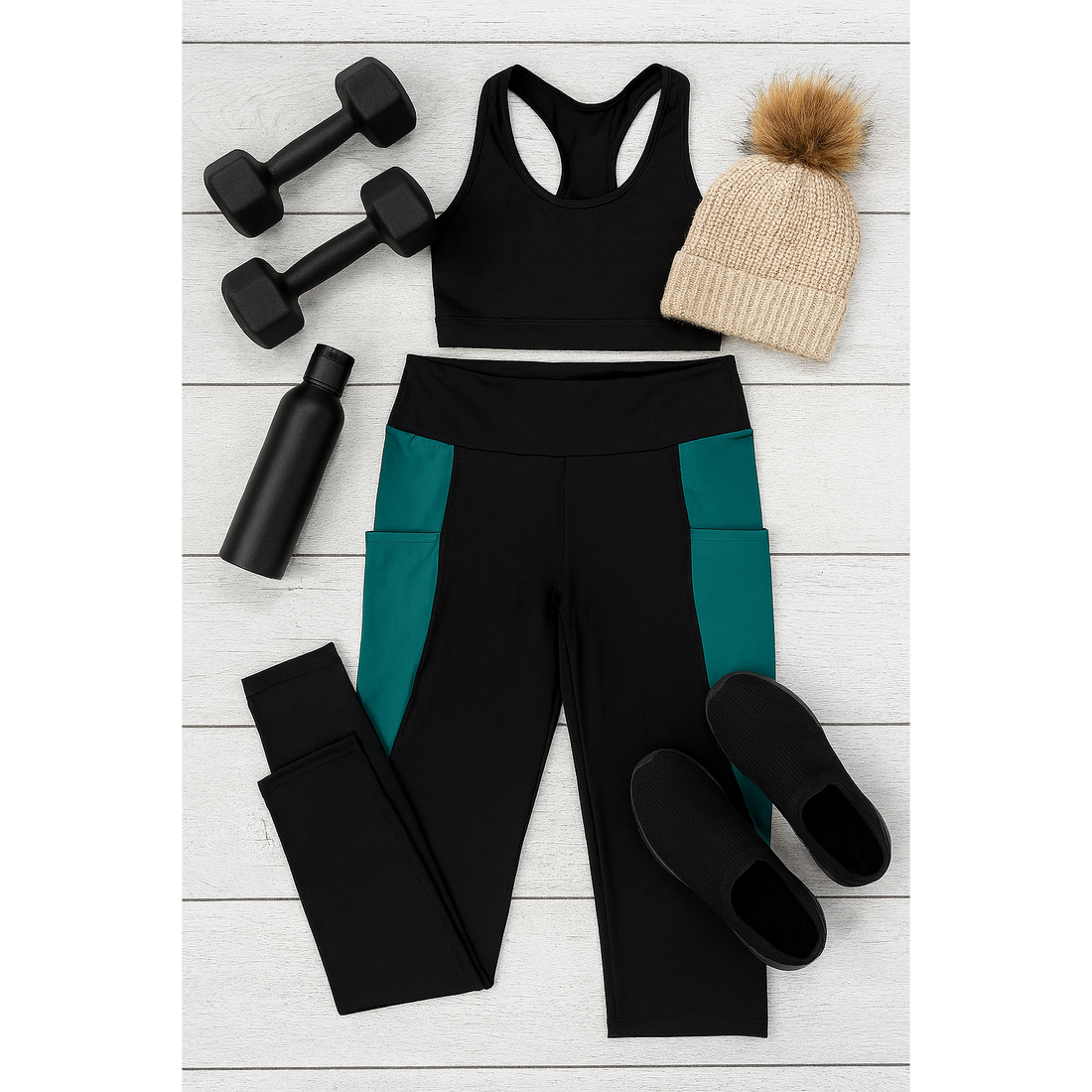 Women's Gracie- Green Panel Full Length Leggings