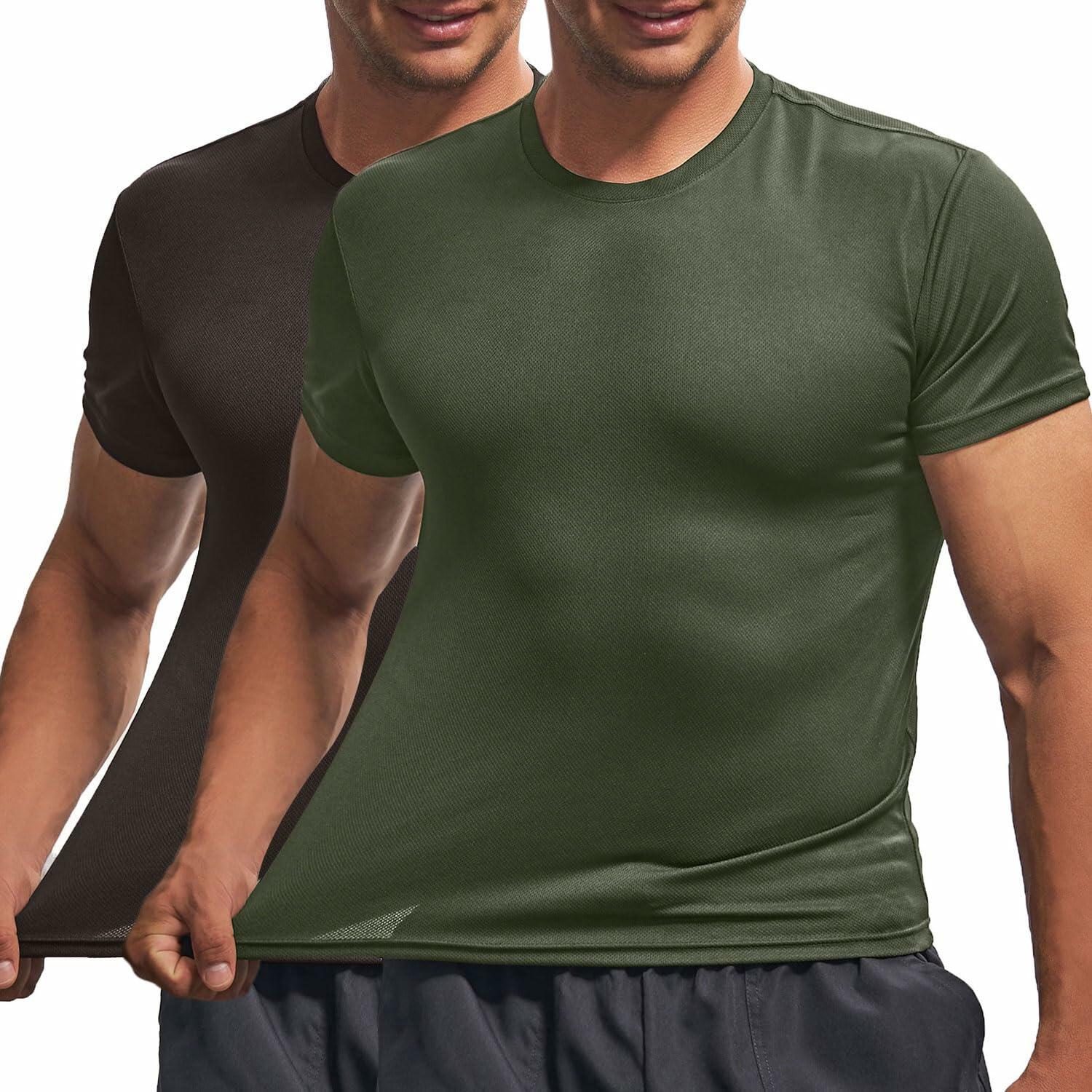 Men's Quick Dry Workout Shirt Short Sleeve Army Green/Grey Size M