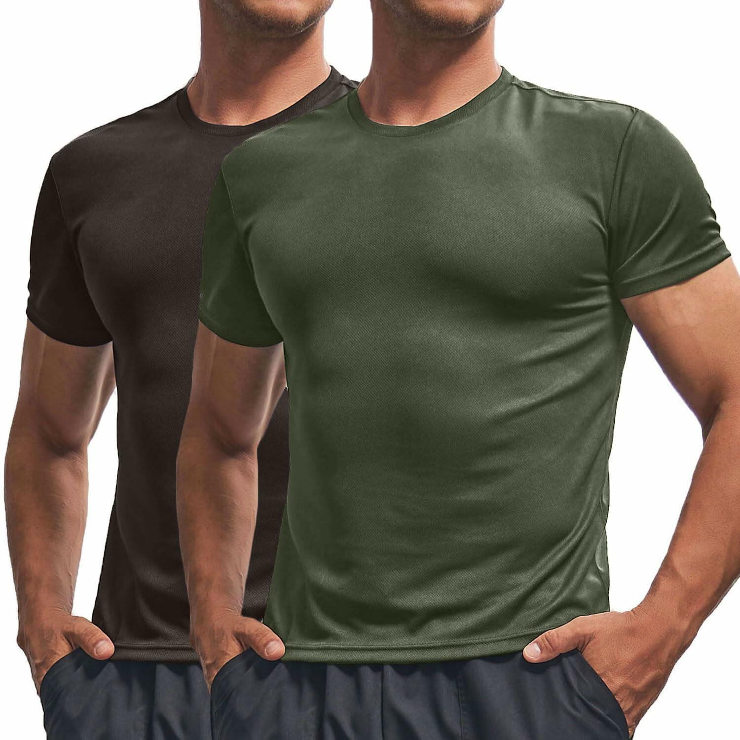 Men's Quick Dry Workout Shirt Short Sleeve Army Green/Grey Size M