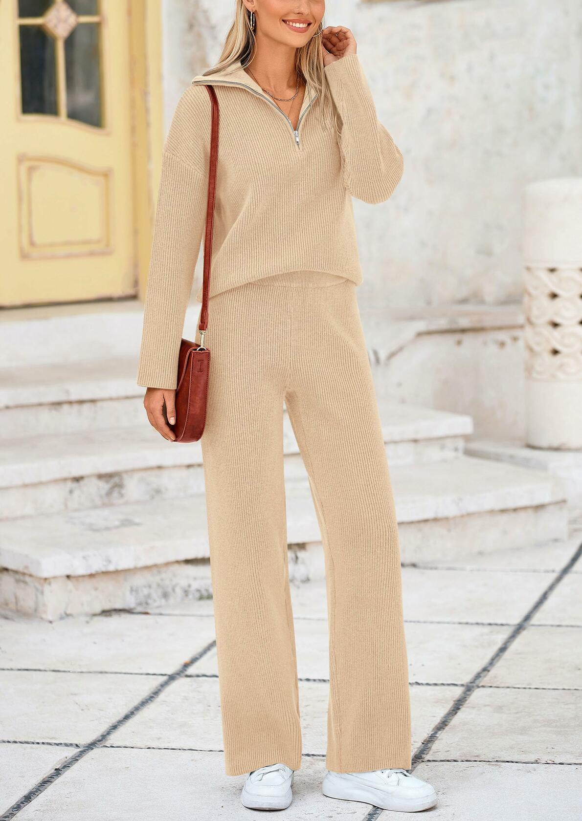 PRETTYGARDEN Women's 2 Piece Sweater Set Quarter Zip Pants Beige Size XXL