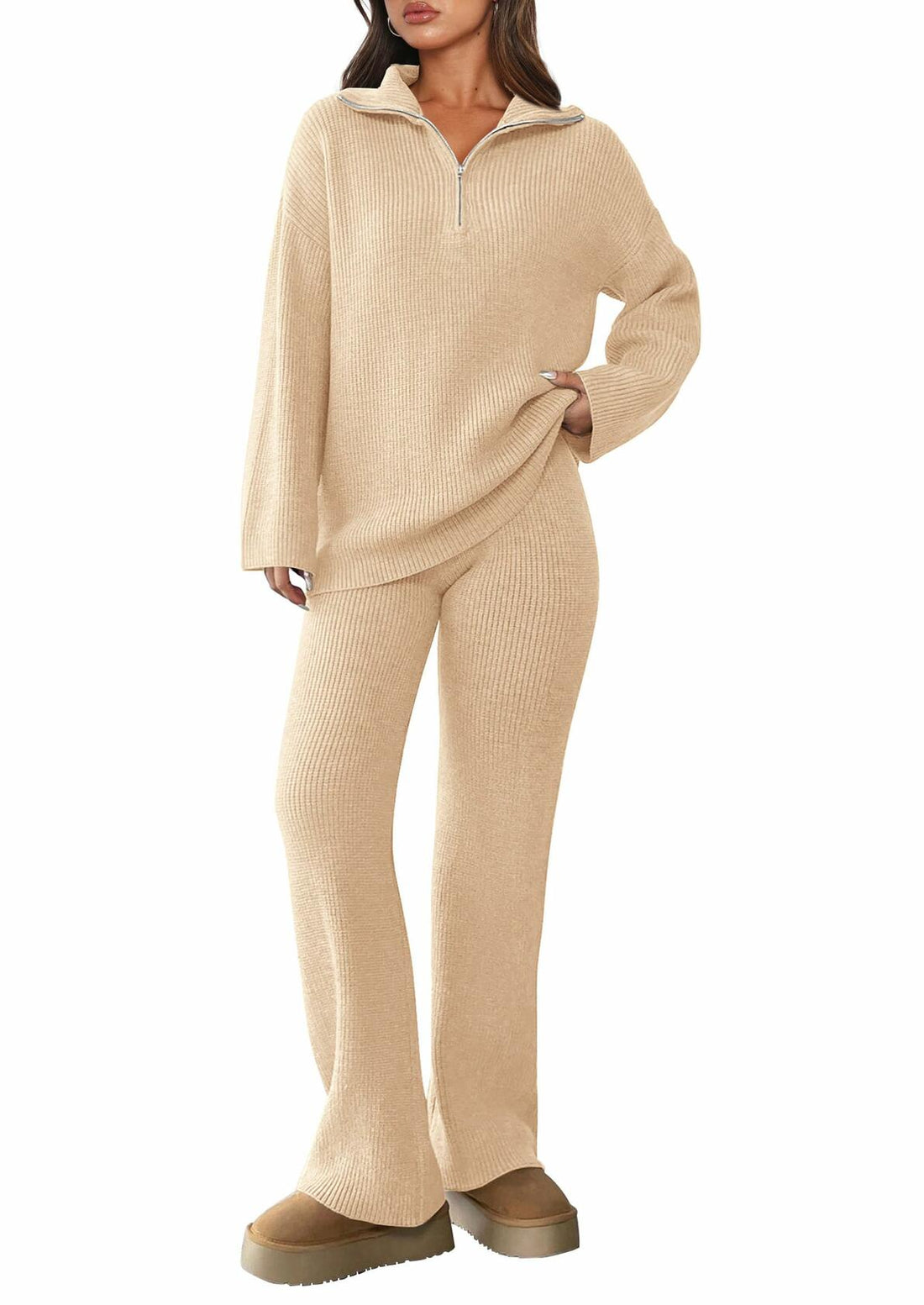 PRETTYGARDEN Women's 2 Piece Sweater Set Quarter Zip Pants Beige Size XXL