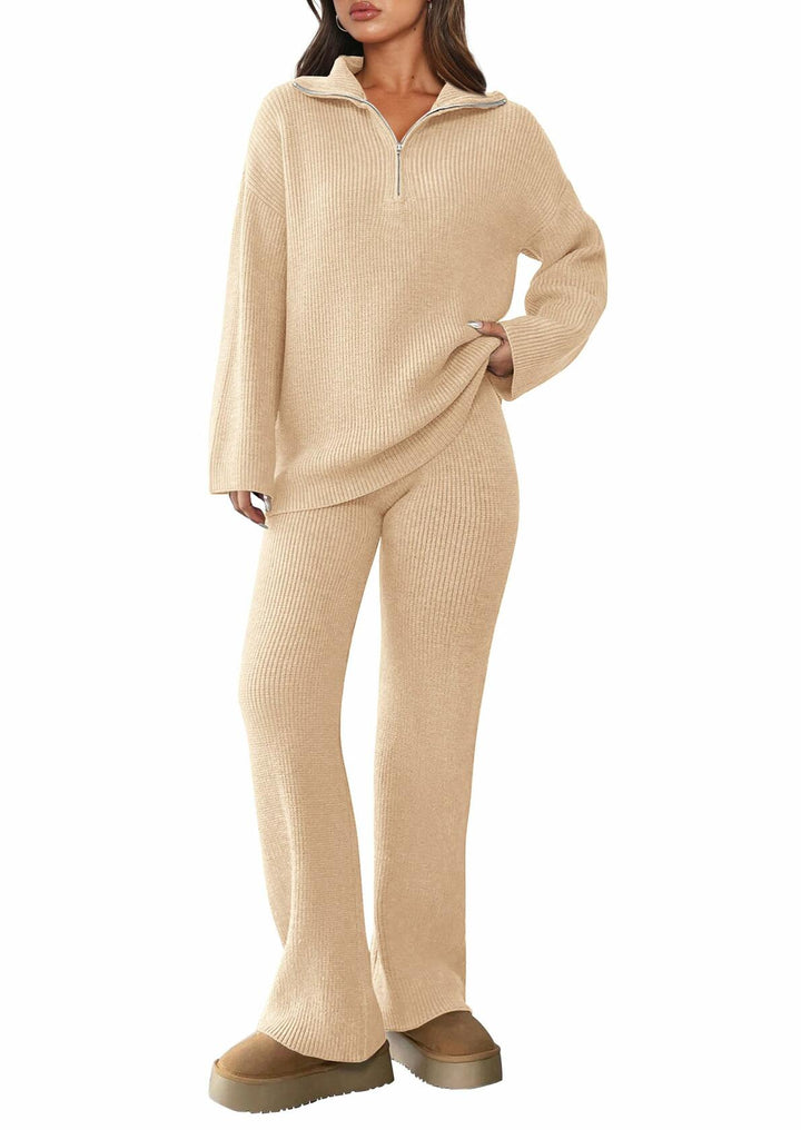 PRETTYGARDEN Women's 2 Piece Sweater Set Quarter Zip Pants Beige Size XXL