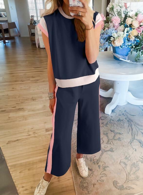 SHEWIN 2PC Women's Lounge Set Short Sleeve Top Wide Leg Pants