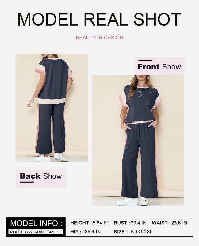SHEWIN 2PC Women's Lounge Set Short Sleeve Top Wide Leg Pants