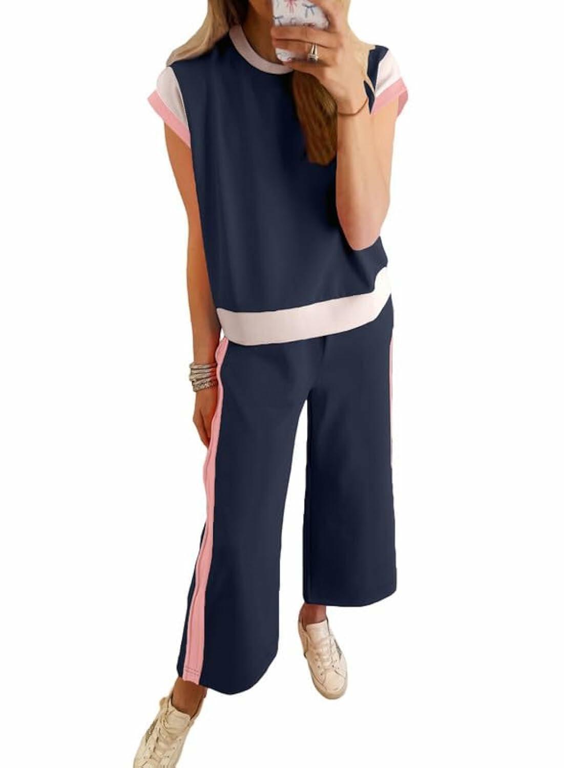 SHEWIN 2PC Women's Lounge Set Short Sleeve Top Wide Leg Pants