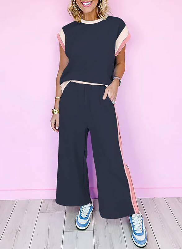 SHEWIN 2PC Women's Lounge Set Short Sleeve Top Wide Leg Pants
