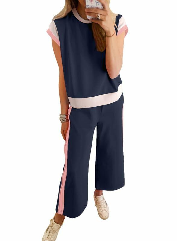 SHEWIN 2PC Women's Lounge Set Short Sleeve Top Wide Leg Pants