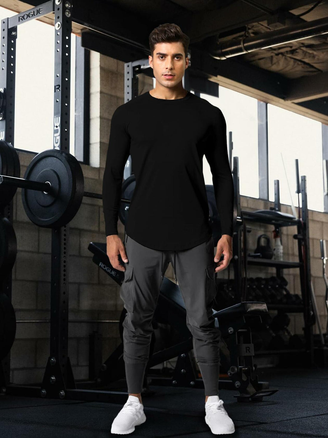 Men's Gym Workout Athletic Long Sleeve T-Shirt Black XL