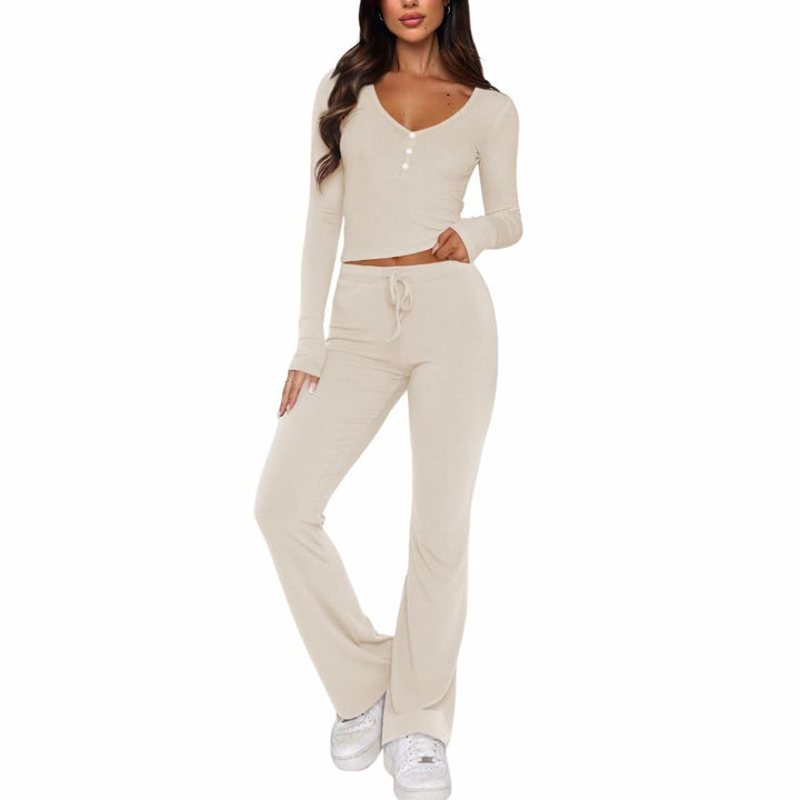 Women's Lounge Set Long Sleeve Crop Top Straight Leg Pants Apricot Size L
