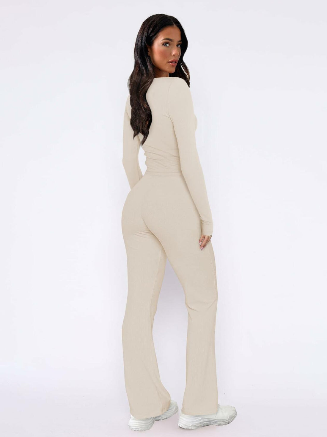 Women's Lounge Set Long Sleeve Crop Top Straight Leg Pants Apricot Size L