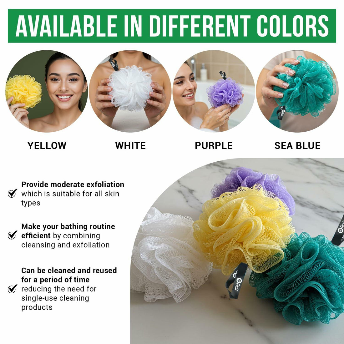 Loofah Sponge Exfoliating Bath Body Scrubber Mesh Pouf White