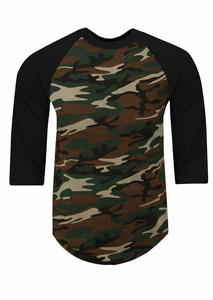 Men's Baseball Raglan Shirt 3/4 Sleeve Camo Green/Black Size M