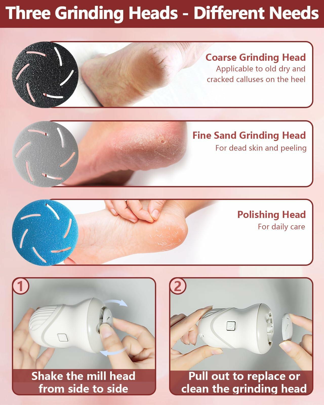 Electric Foot File Callus Remover 3 Heads 2 Speed White Rechargeable