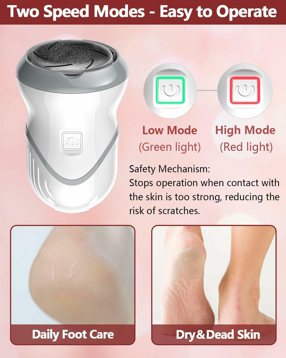 Electric Foot File Callus Remover 3 Heads 2 Speed White Rechargeable