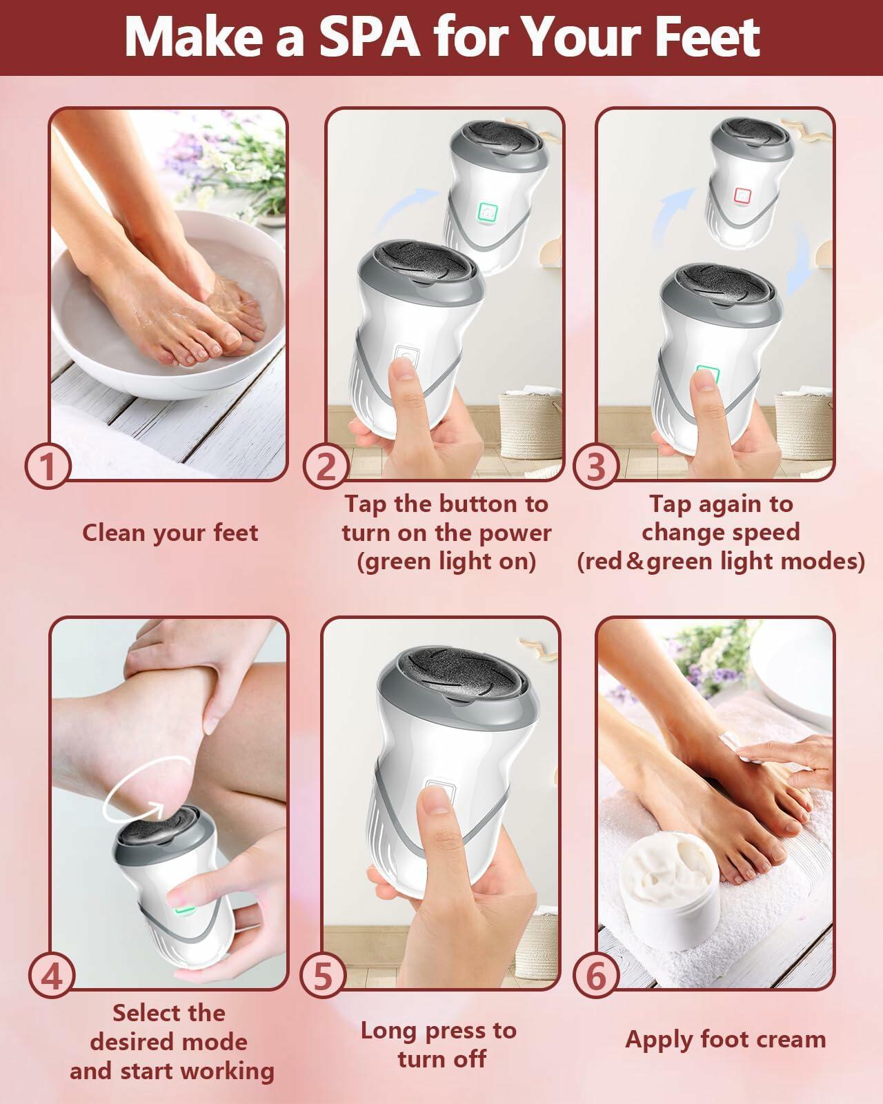 Electric Foot File Callus Remover 3 Heads 2 Speed White Rechargeable