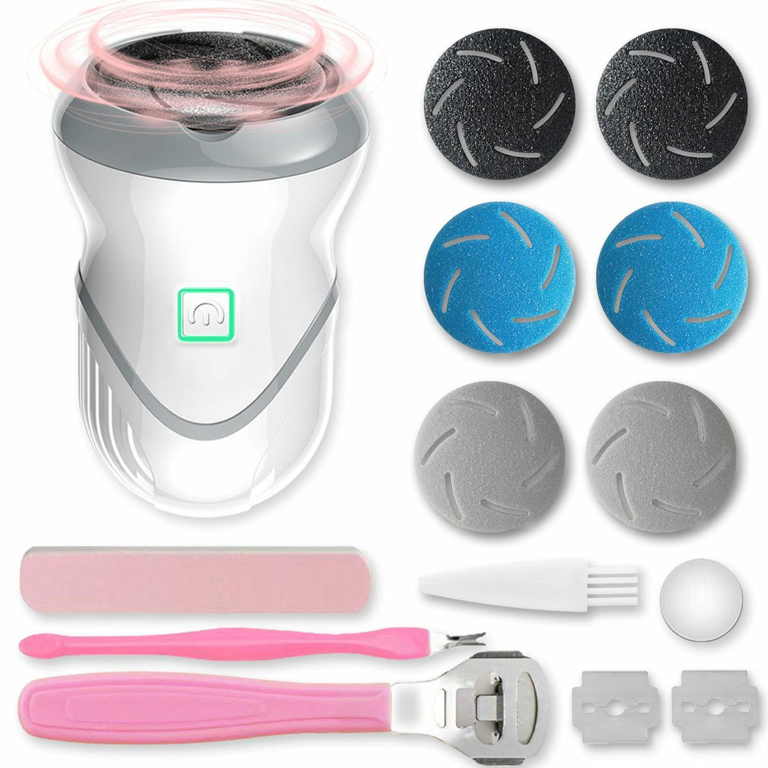Electric Foot File Callus Remover 3 Heads 2 Speed White Rechargeable