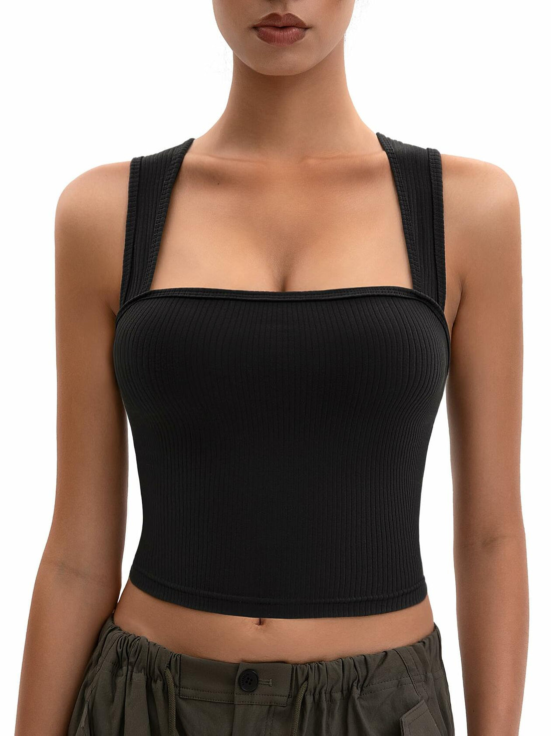 Crop Tank Top Ribbed Athletic Wide Strap Navy Blue Size M