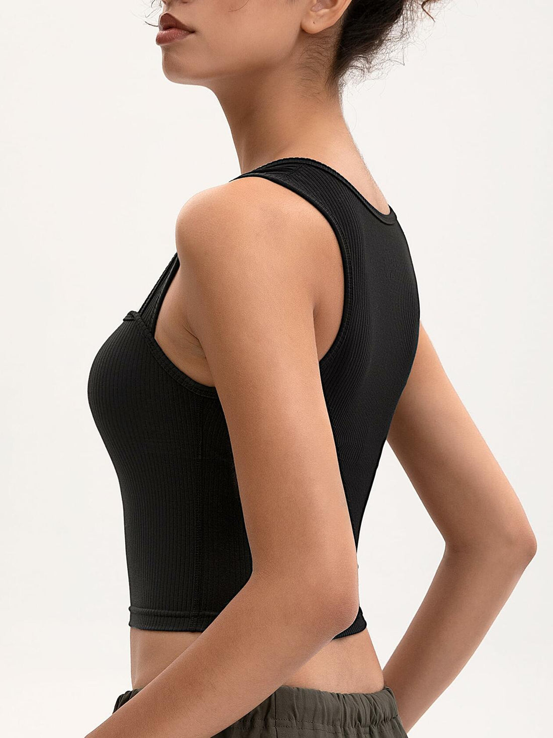 Women's Crop Tank Top Black Ribbed Athletic Slim Fit Wide Strap Size L