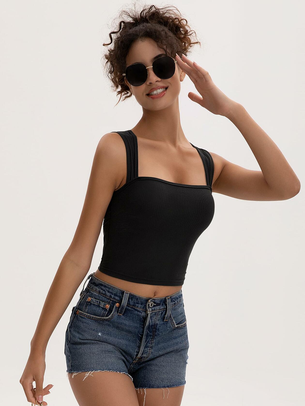 Women's Crop Tank Top Black Ribbed Athletic Slim Fit Wide Strap Size L