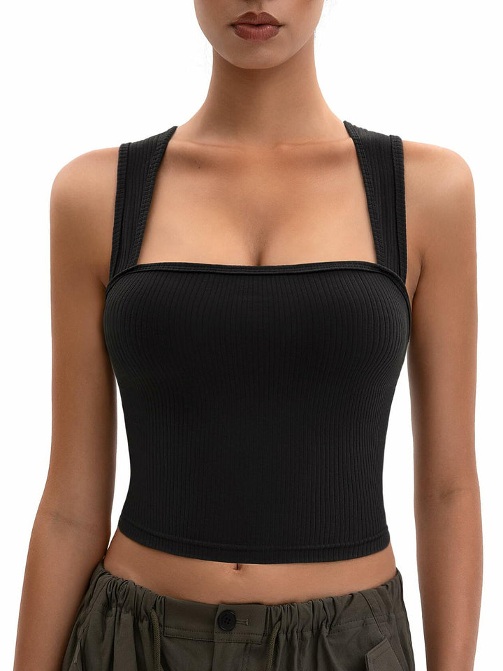 Women's Crop Tank Top Black Ribbed Athletic Slim Fit Wide Strap Size L
