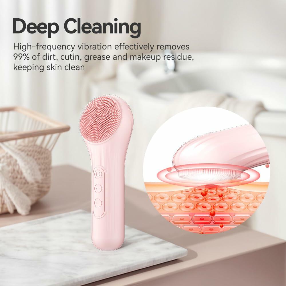 Silicone Face Scrubber Electric Waterproof Brush 5 Strength Pink