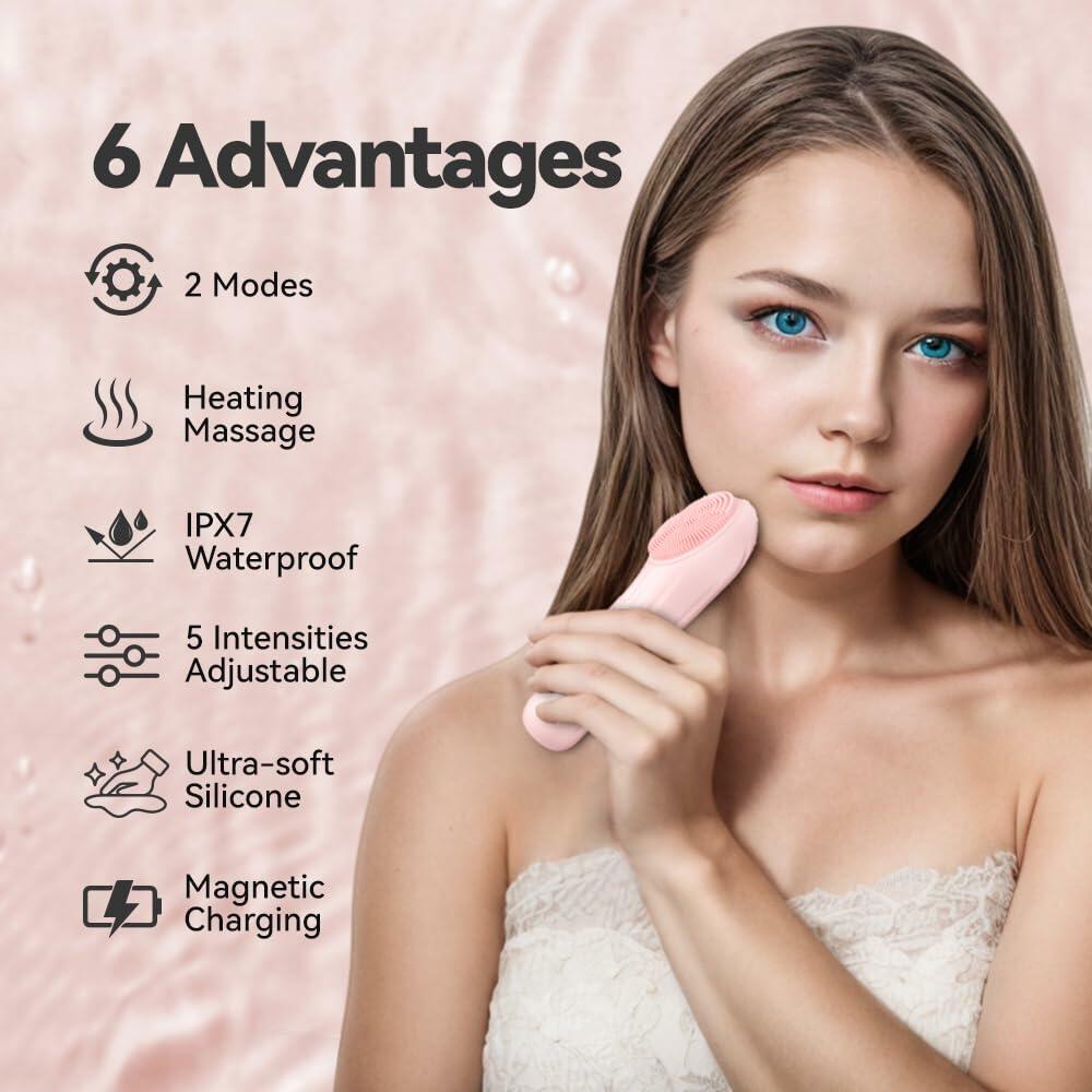 Silicone Face Scrubber Electric Waterproof Brush 5 Strength Pink