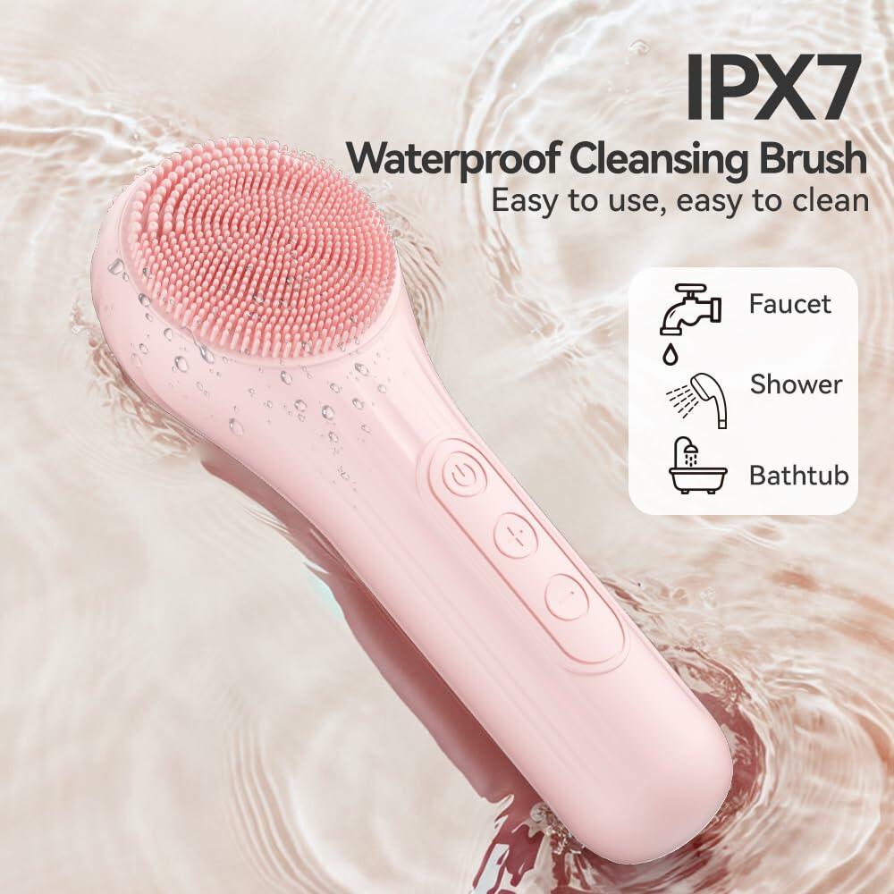 Silicone Face Scrubber Electric Waterproof Brush 5 Strength Pink