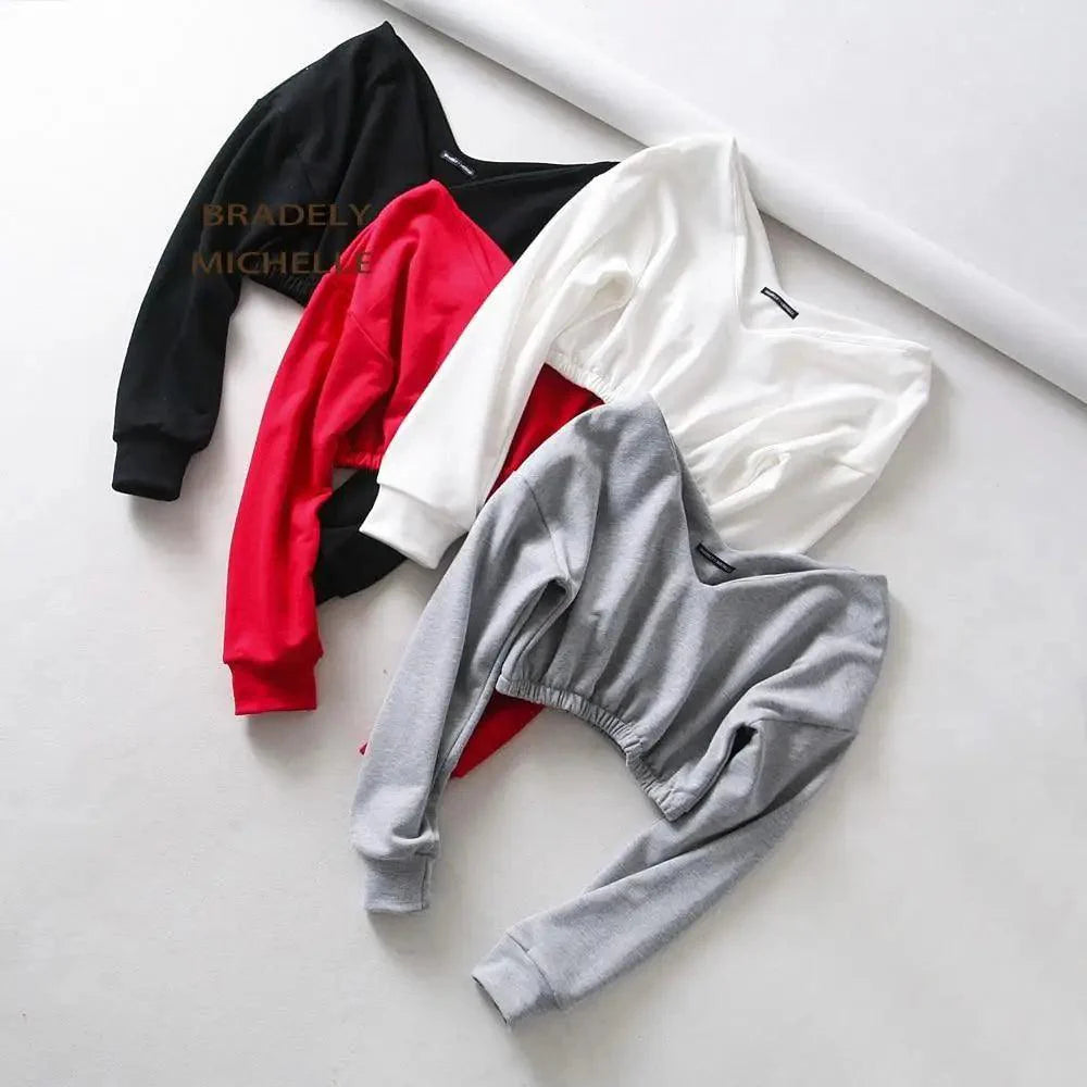 Women's Streetwear Hip Hop Crop Top Long Sleeve Deep V Neck Hoodies